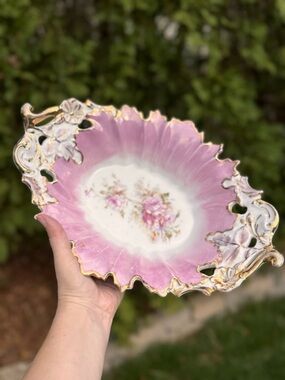 Antique Style Pink Porcelain Bowl Floral Gold Gilt Pierced Rim Dish
